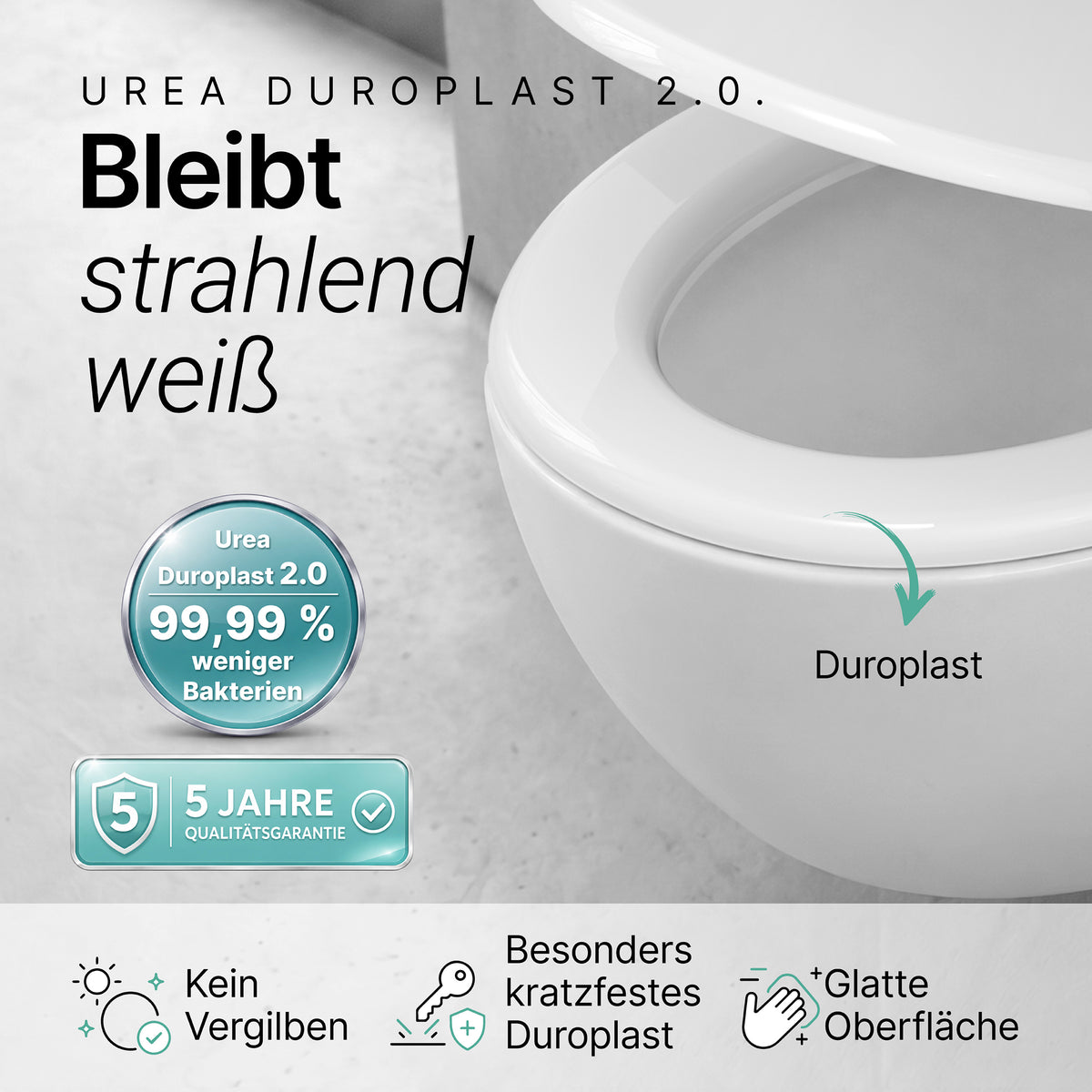 Duroplast WC-Sitz mit Schnellverschluss und Abnehmbar - Antibakterieller Weißer Toilettensitz - Modell Curvo