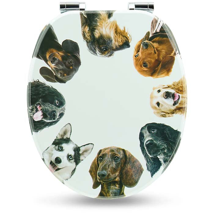 Holz WC-Sitz mit Absenkautomatik & Dog Circle Motiv geschlossen auf weißem Hintergrund