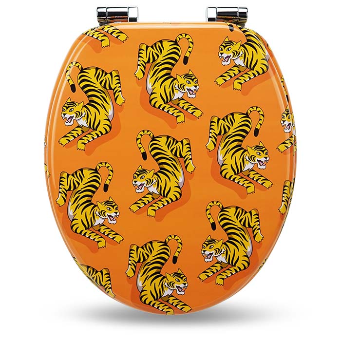 Holz WC-Sitz mit Absenkautomatik & Tiger Motiv auf weißem Hintergrund