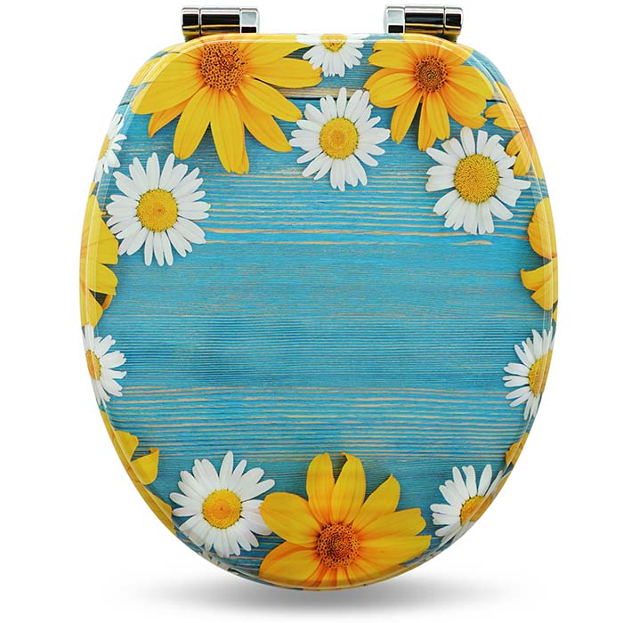 Holz WC-Sitz mit Absenkautomatik & Sonnenblumen Motiv auf weißem Hintergrund