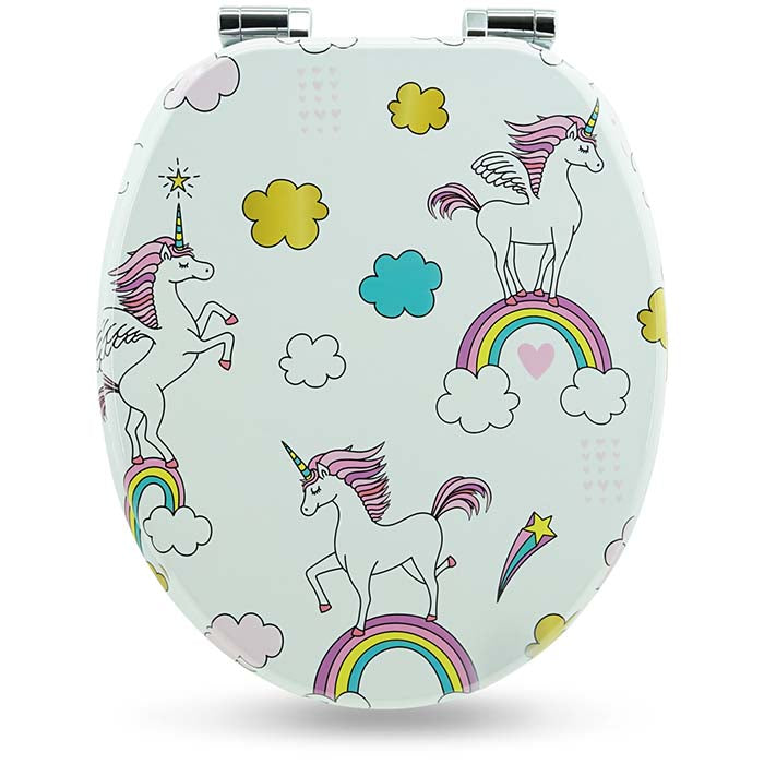 Holz WC-Sitz mit Absenkautomatik & Unicorns Motiv geschlossen auf weißem Hintergrund