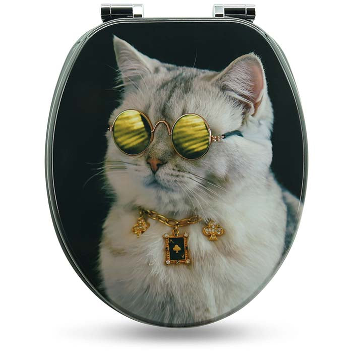 Holz WC-Sitz mit Absenkautomatik & Boss Cat Motiv geschlossen auf weißem Hintergrund