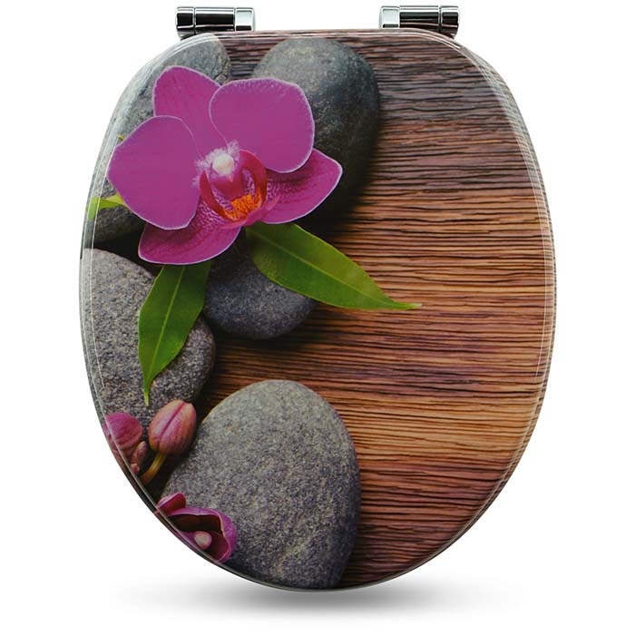 Holz WC-Sitz mit Absenkautomatik & Orchid Motiv geschlossen auf weißem Hintergrund