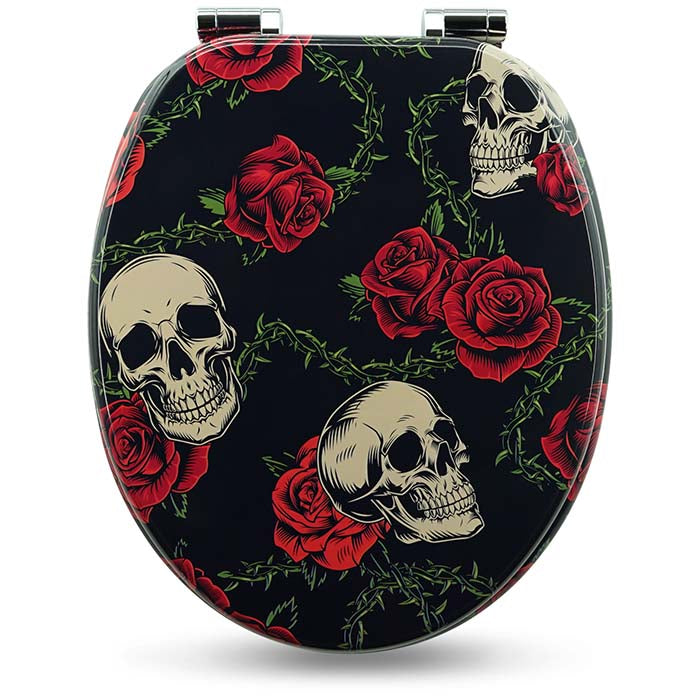 Holz WC-Sitz mit Absenkautomatik & Rose Skull Motiv geschlossen auf weißem Hintergrund