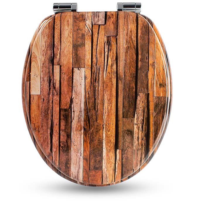 Holz WC-Sitz mit Absenkautomatik & im industriellen Design geschlossen auf weißem Hintergrund
