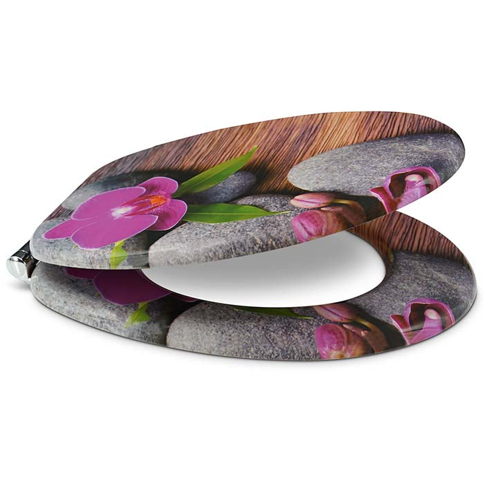 Holz Toilettendeckel mit Absenkautomatik & Orchid Motiv seitlich offen