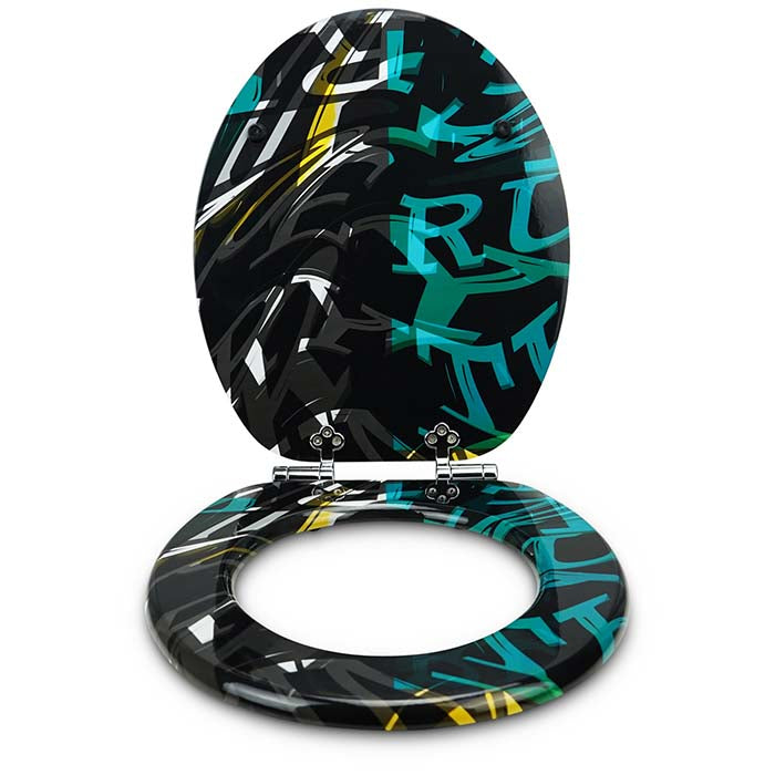 Holz Toilettensitz mit Absenkautomatik & Buchstaben Motiv von vorne offen