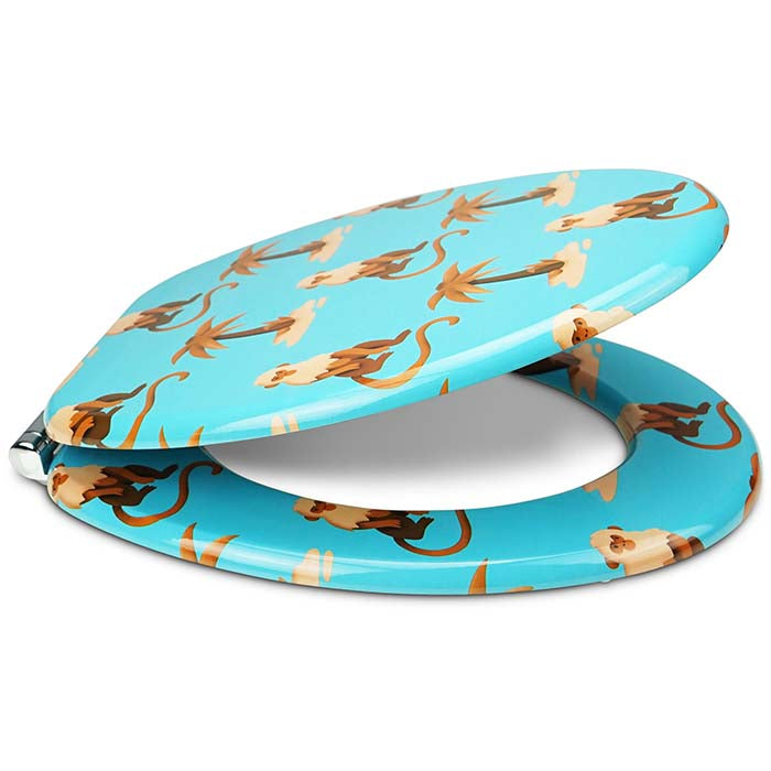 Holz Toilettendeckel mit Absenkautomatik & Affen Motiv seitlich offen