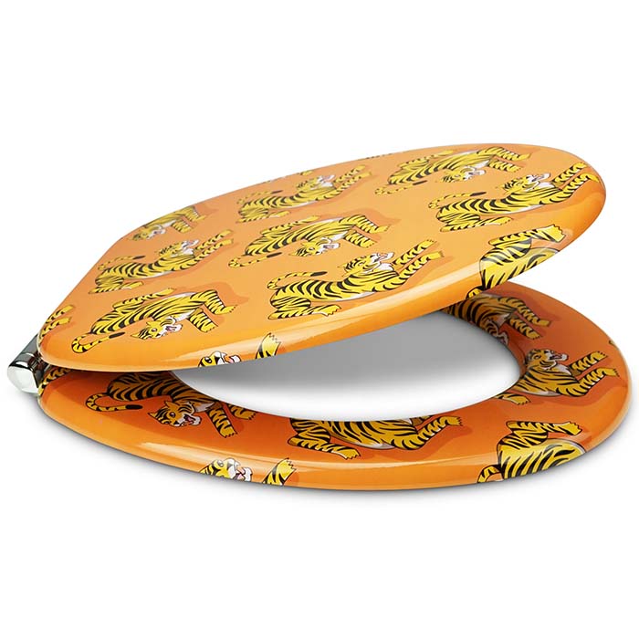 Holz Toilettendeckel mit Absenkautomatik & Tiger Motiv seitlich offen