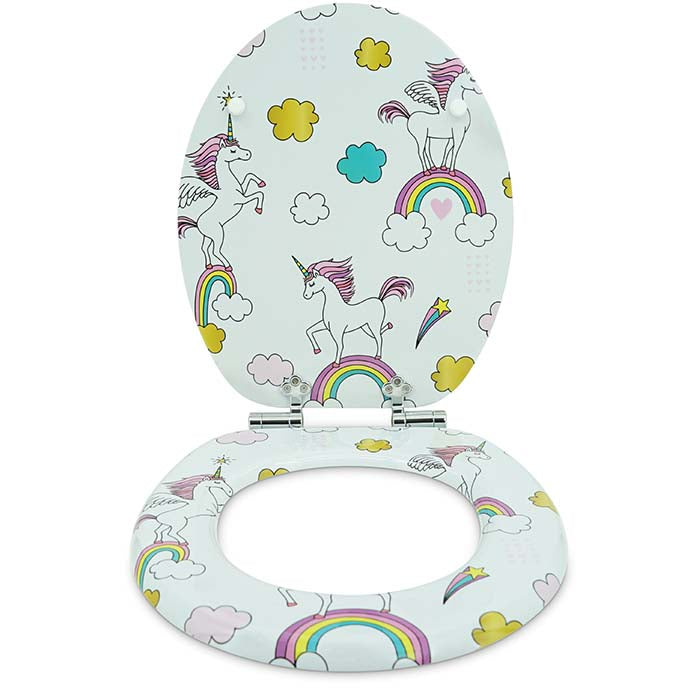 Holz Toilettensitz mit Absenkautomatik & Unicorns Motiv vorne offen
