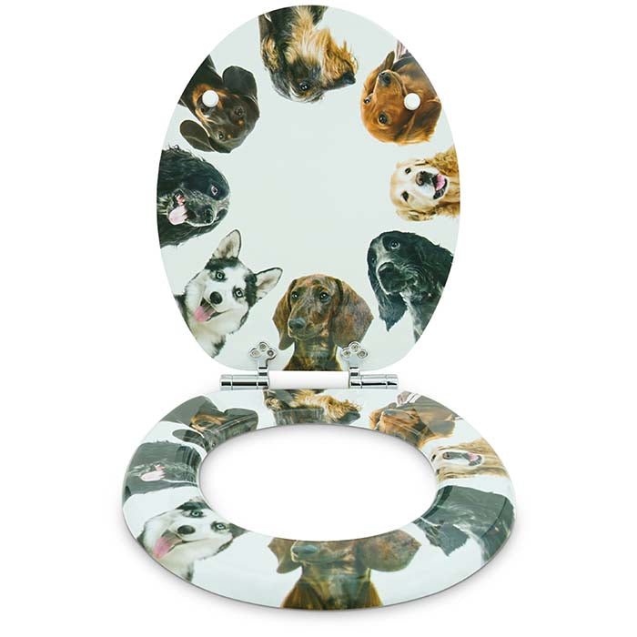 Holz Toilettensitz mit Absenkautomatik & Dog Circle Motiv vorne offen