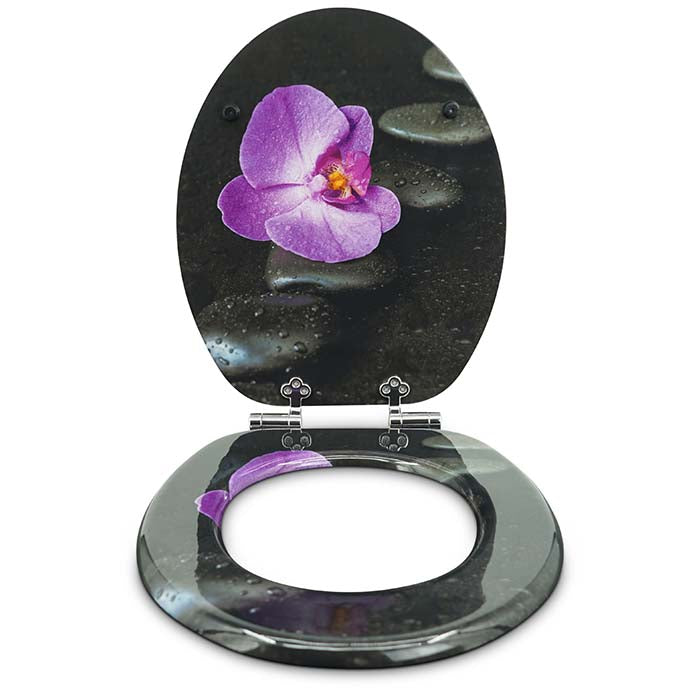 Holz Toilettensitz mit Absenkautomatik & Way of Orchid Motiv vorne offen