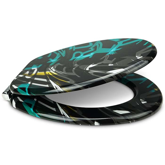 Holz Toilettendeckel mit Absenkautomatik & Buchstaben Motiv seitlich offen