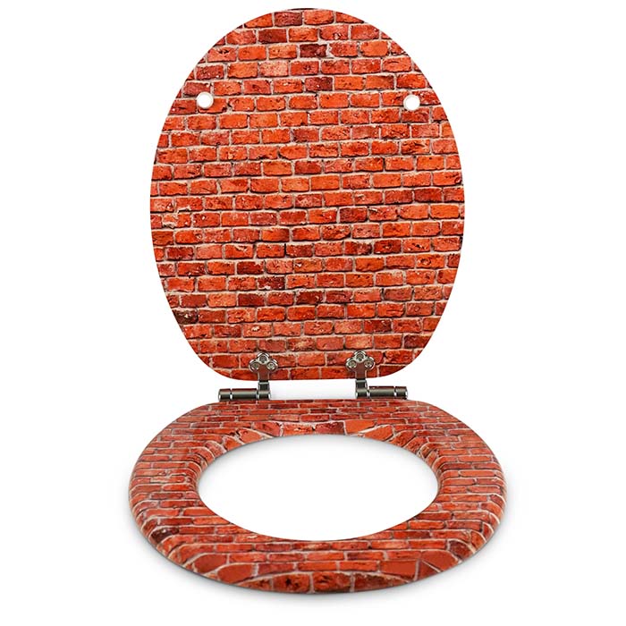 Holz Toilettensitz mit Absenkautomatik & Ziegel Motiv von vorne offen