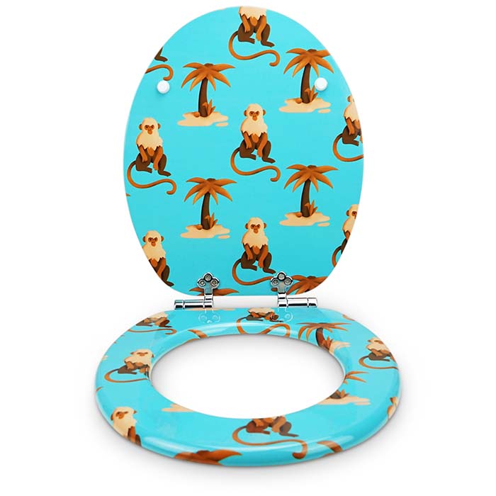 Holz Toilettensitz mit Absenkautomatik & Affen Motiv von vorne offen