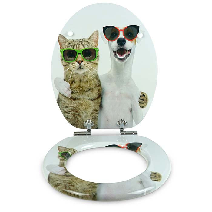 Holz Toilettensitz mit Absenkautomatik & Katzen-Motiv von vorne offen