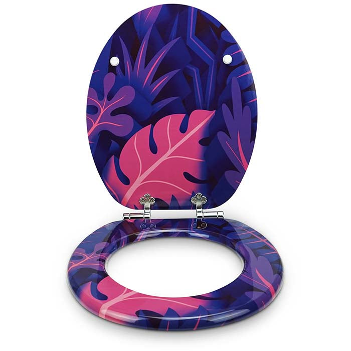 Holz Toilettensitz mit Absenkautomatik & Lila Kunst Design von vorne offen