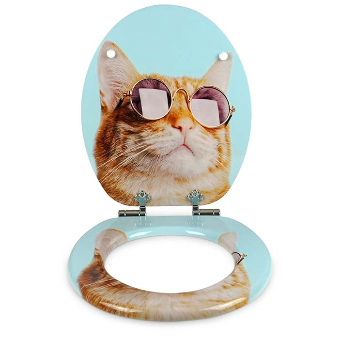 Holz Toilettensitz mit Absenkautomatik & Cool Cat Motiv von vorne offen