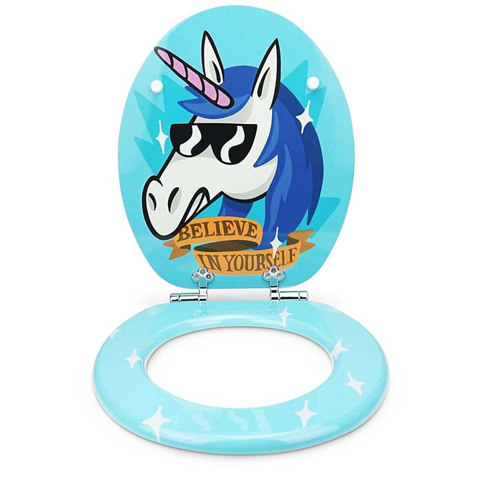 Holz Toilettensitz mit Absenkautomatik & Einhorn Motiv von vorne offen