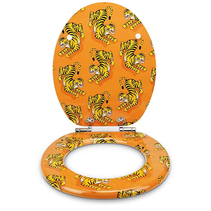 Holz Toilettensitz mit Absenkautomatik & Tiger Motiv von vorne offen