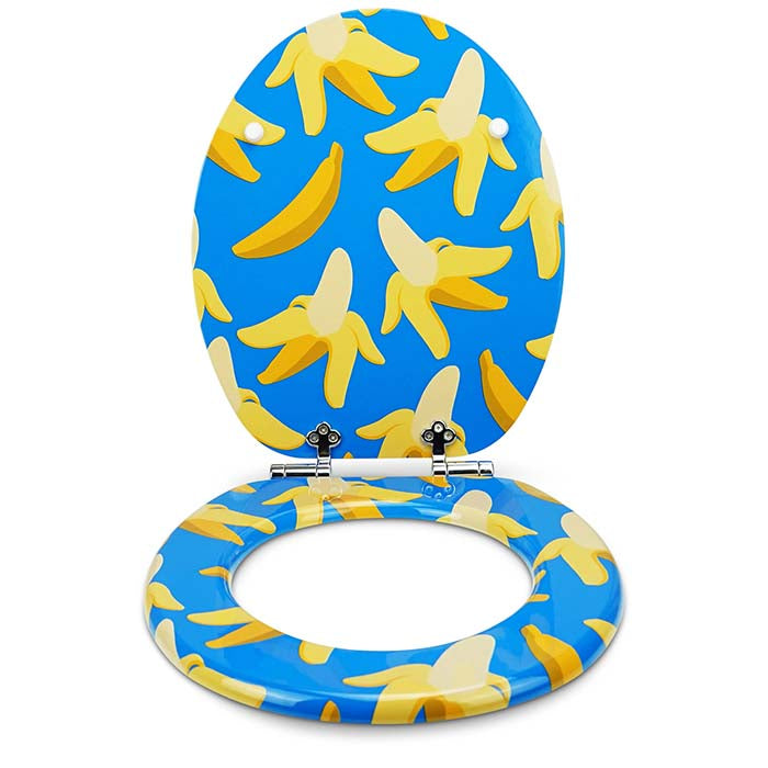 Holz Toilettensitz mit Absenkautomatik & Bananen Motiv von vorne offen