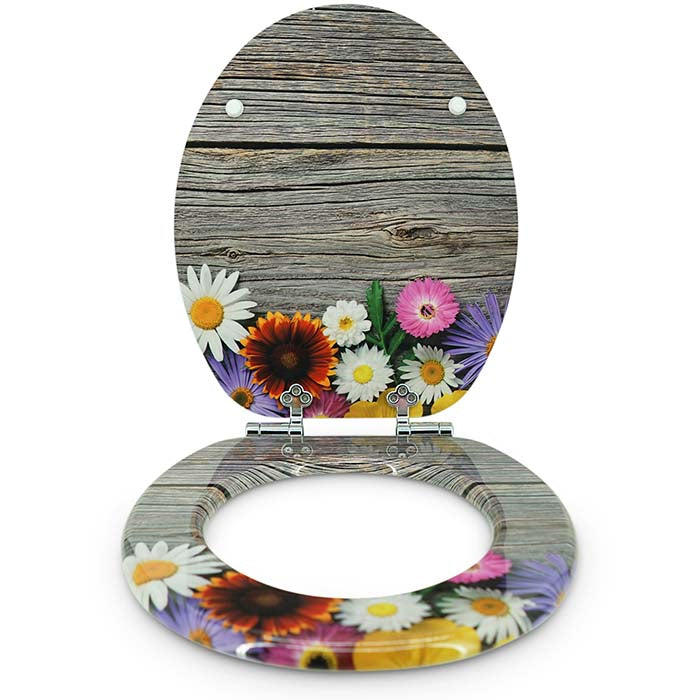 Holz Toilettensitz mit Absenkautomatik & Alpenblumen Motiv von vorne offen