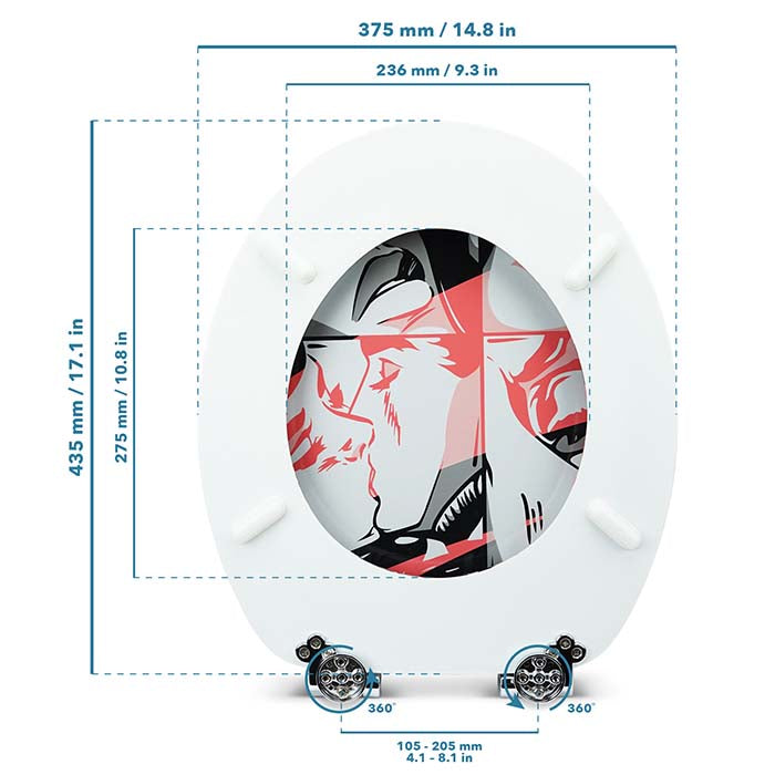 Holz Klodeckel mit Absenkautomatik & Kuss Motiv mit Maßstab