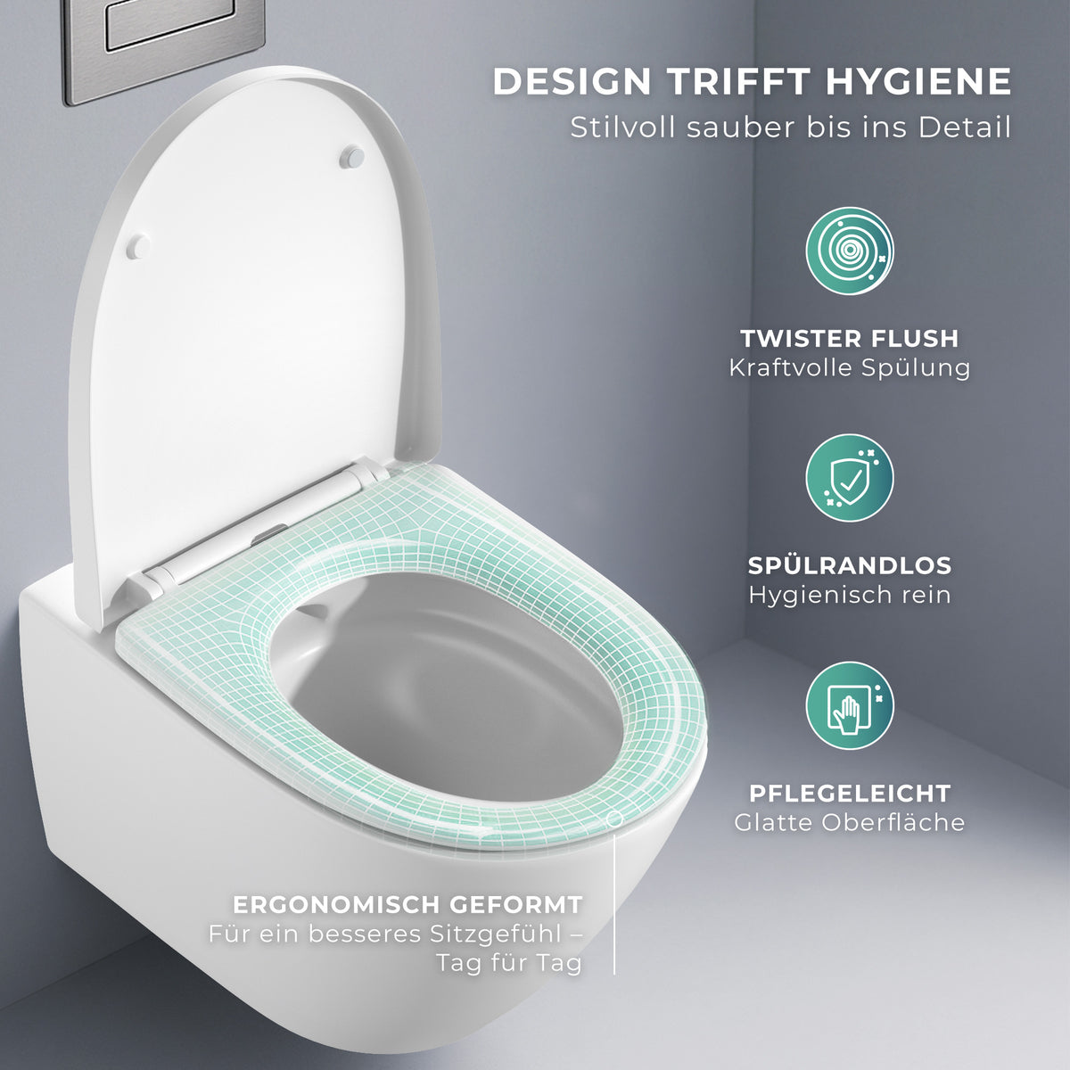 Spülrandloses Wand-WC "TornadoV" mit 360° SuperSpin-Spülung in Matt-Weiß