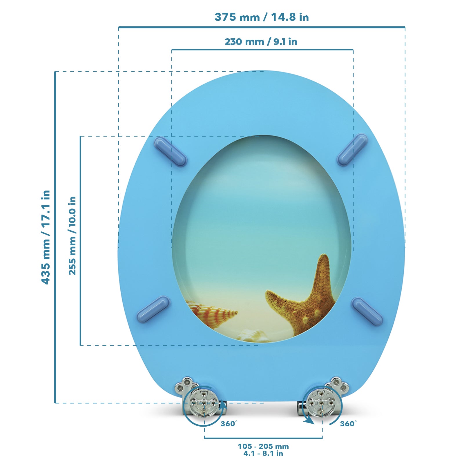 Holz Klodeckel mit Absenkautomatik & Seestern Motiv mit Maßstab