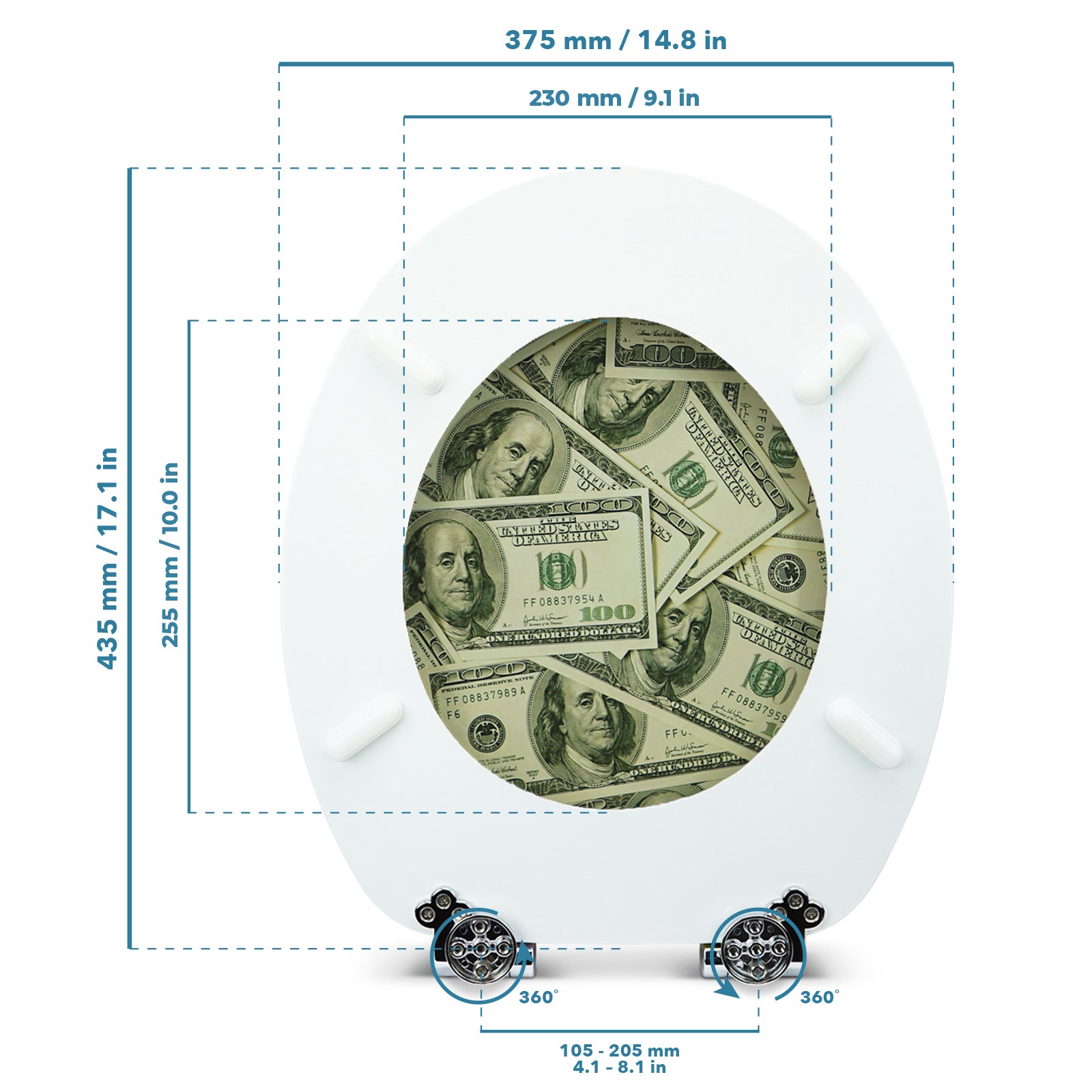 Holz Klodeckel mit Absenkautomatik & Dollar Motiv mit Maßstab