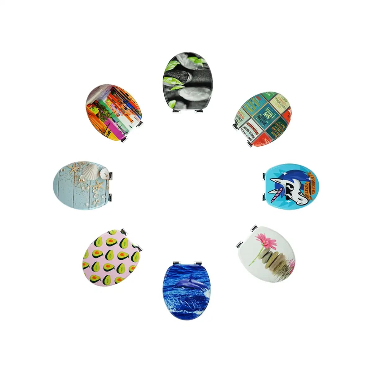 Verschiedene WC-Sitze im Kreis aufgelegt.