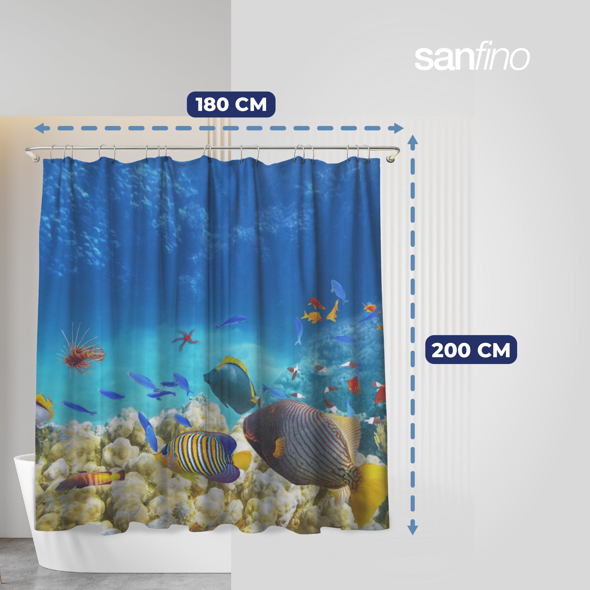 Shower curtain with "Coral Reef" motif