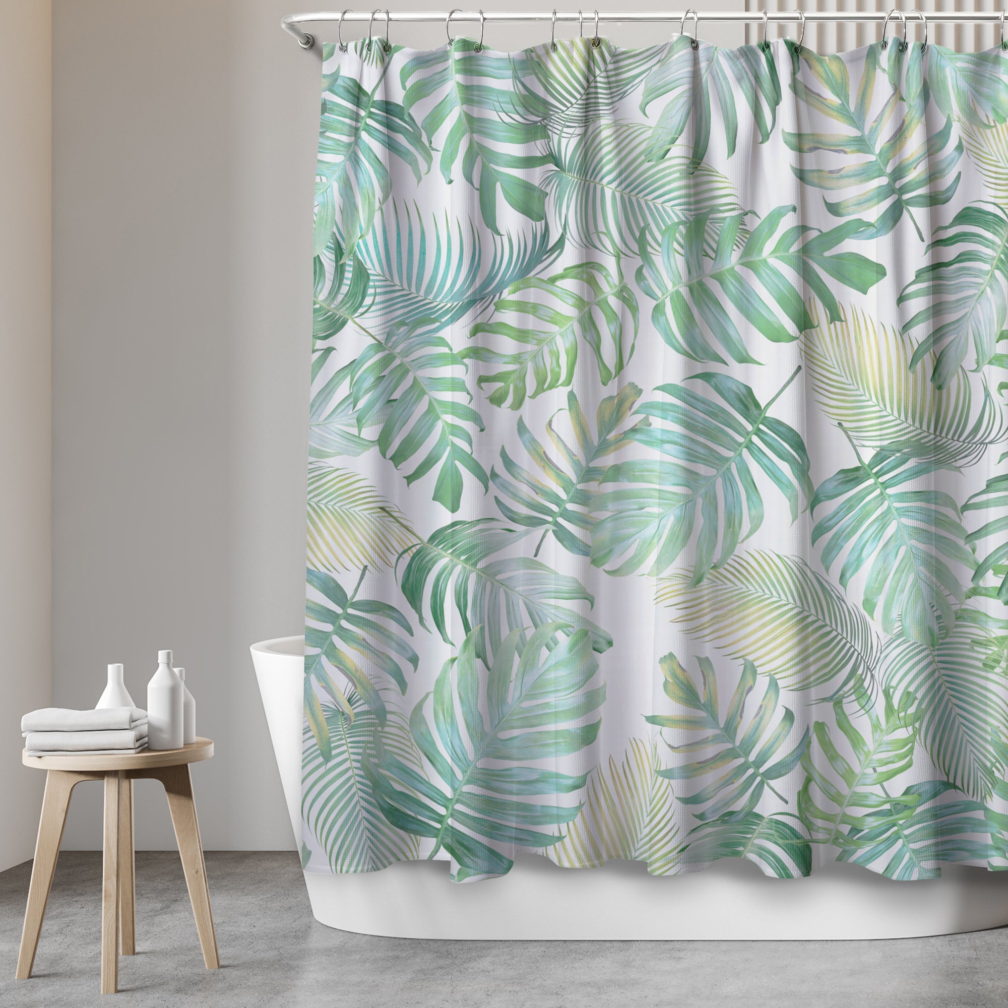 Shower curtain with "Tropical Leaves" motif