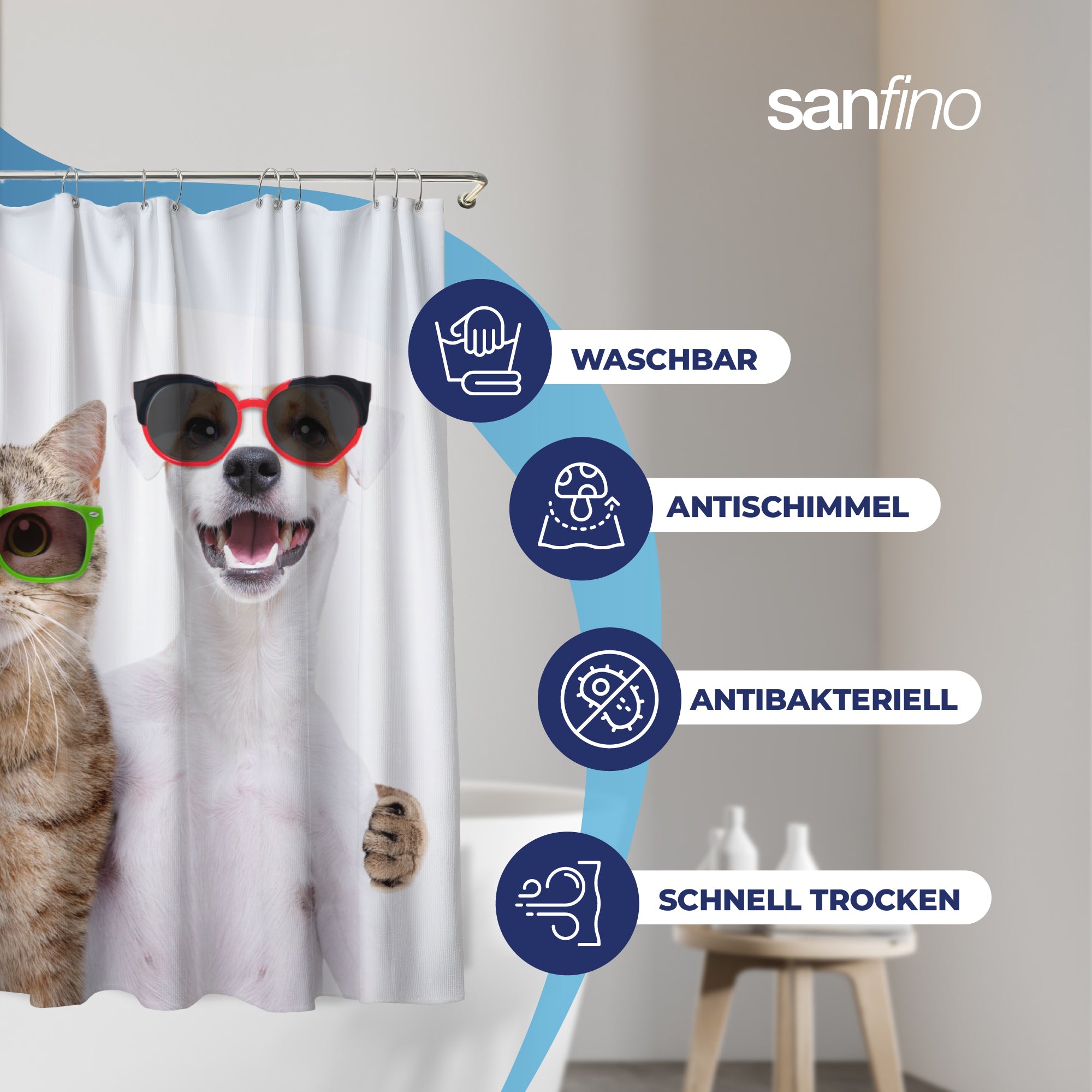 Shower curtain with "Cat & Dog" motif