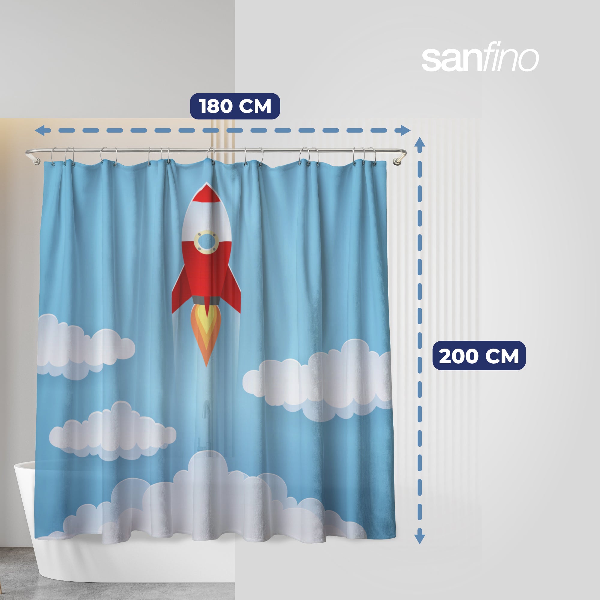 Shower curtain with "Rocket" motif