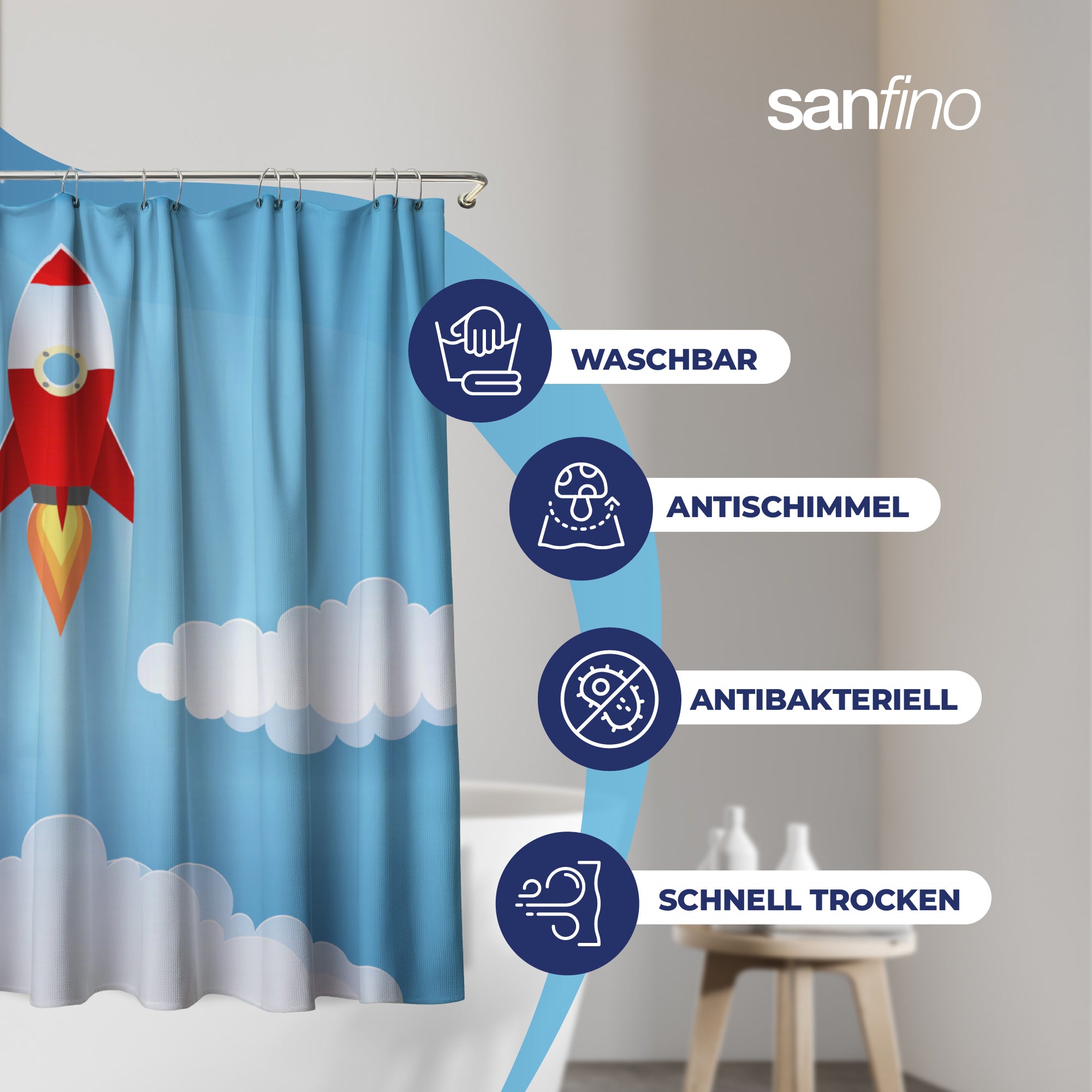 Shower curtain with "Rocket" motif