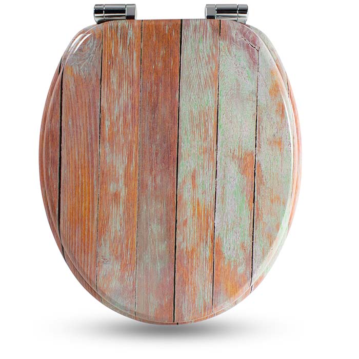 Holz WC-Sitz mit Absenkautomatik & Holz-Optik Motiv geschlossen auf weißem Hintergrund