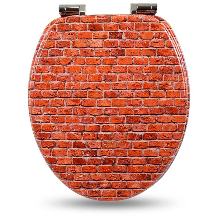 Holz WC-Sitz mit Absenkautomatik & Ziegel Motiv auf weißem Hintergrund