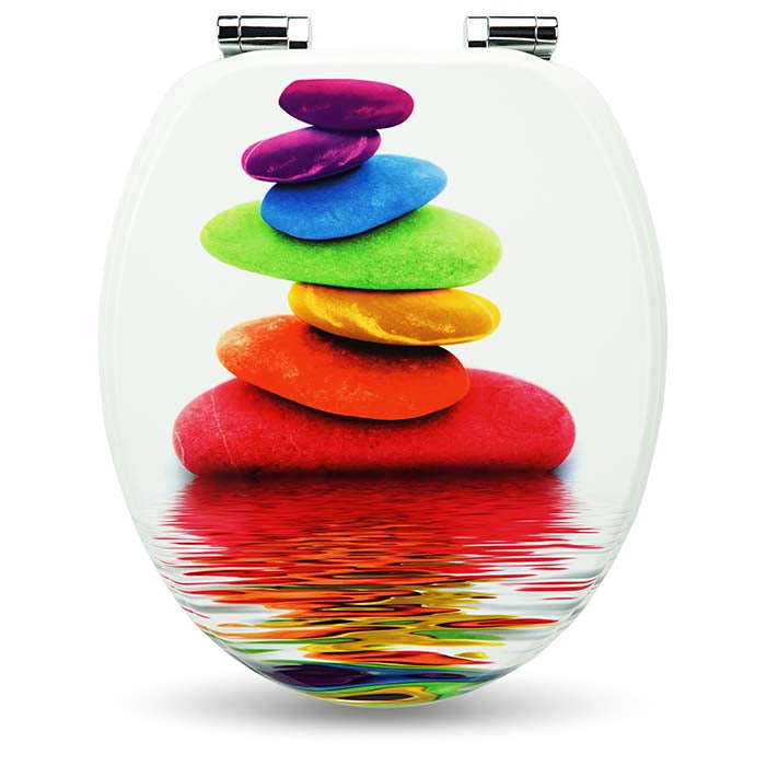 Holz WC-Sitz mit Absenkautomatik & Regenbogen Stein-Motiv geschlossen auf weissem Hintergrund