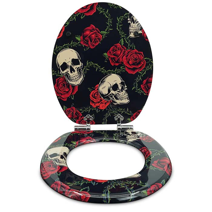 Holz Toilettensitz mit Absenkautomatik & Rose Skull Motiv  vorne offen