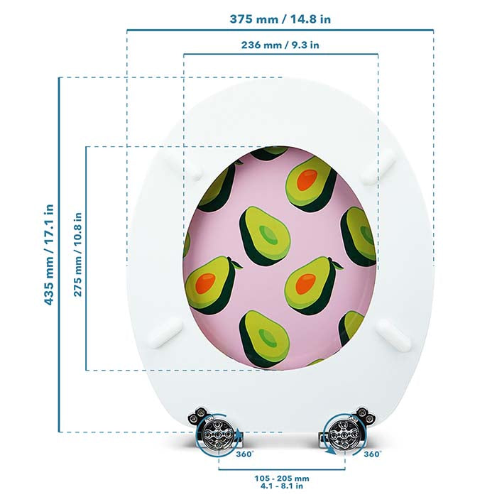 Holz Klodeckel mit Absenkautomatik & Avocado Motiv mit Massstab