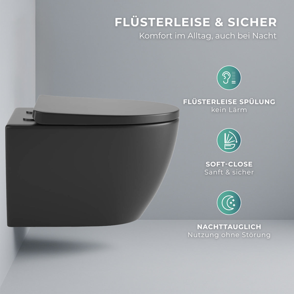 Spülrandloses Wand-WC "TornadoV" mit 360° SuperSpin-Spülung in Schwarz