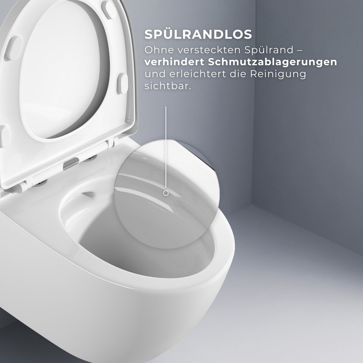 Spülrandloses Wand-WC "TornadoV" mit 360° SuperSpin-Spülung in Weiß