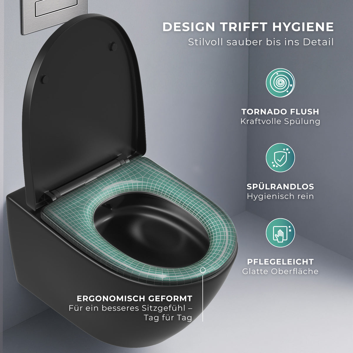 Spülrandloses Wand-WC "TornadoV" mit 360° SuperSpin-Spülung in Schwarz