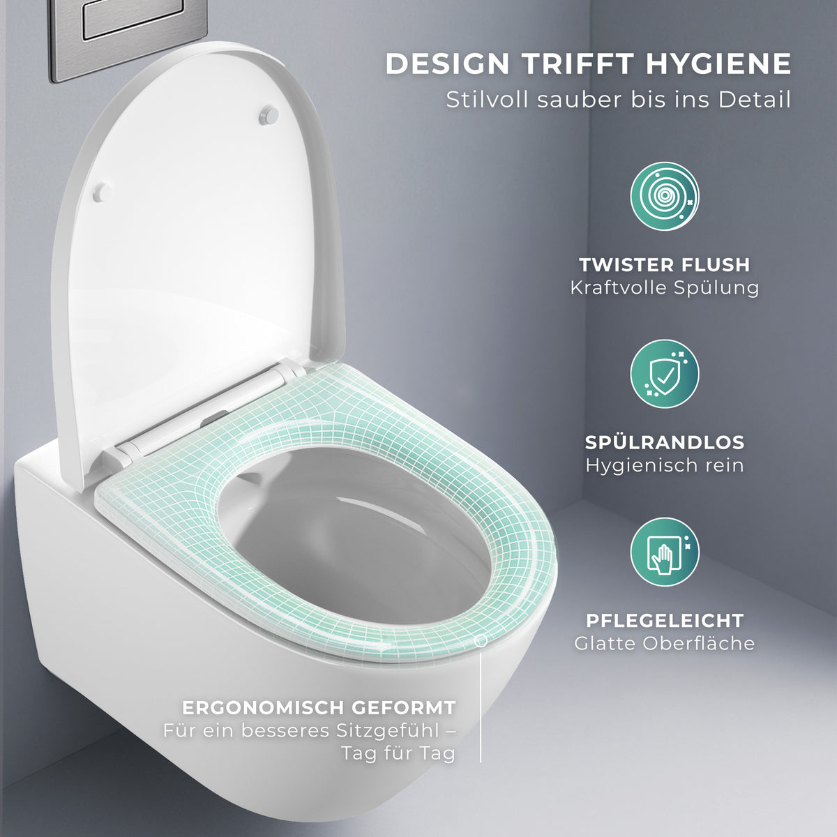 Spülrandloses Wand-WC "TornadoV" mit 360° SuperSpin-Spülung in Weiß