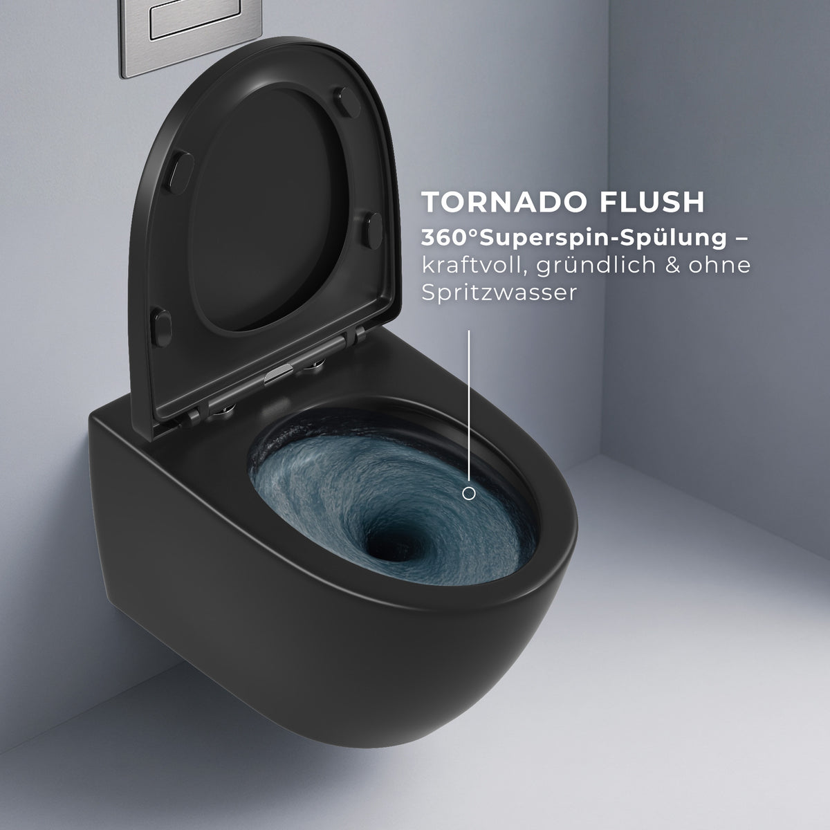 Spülrandloses Wand-WC "TornadoV" mit 360° SuperSpin-Spülung in Schwarz