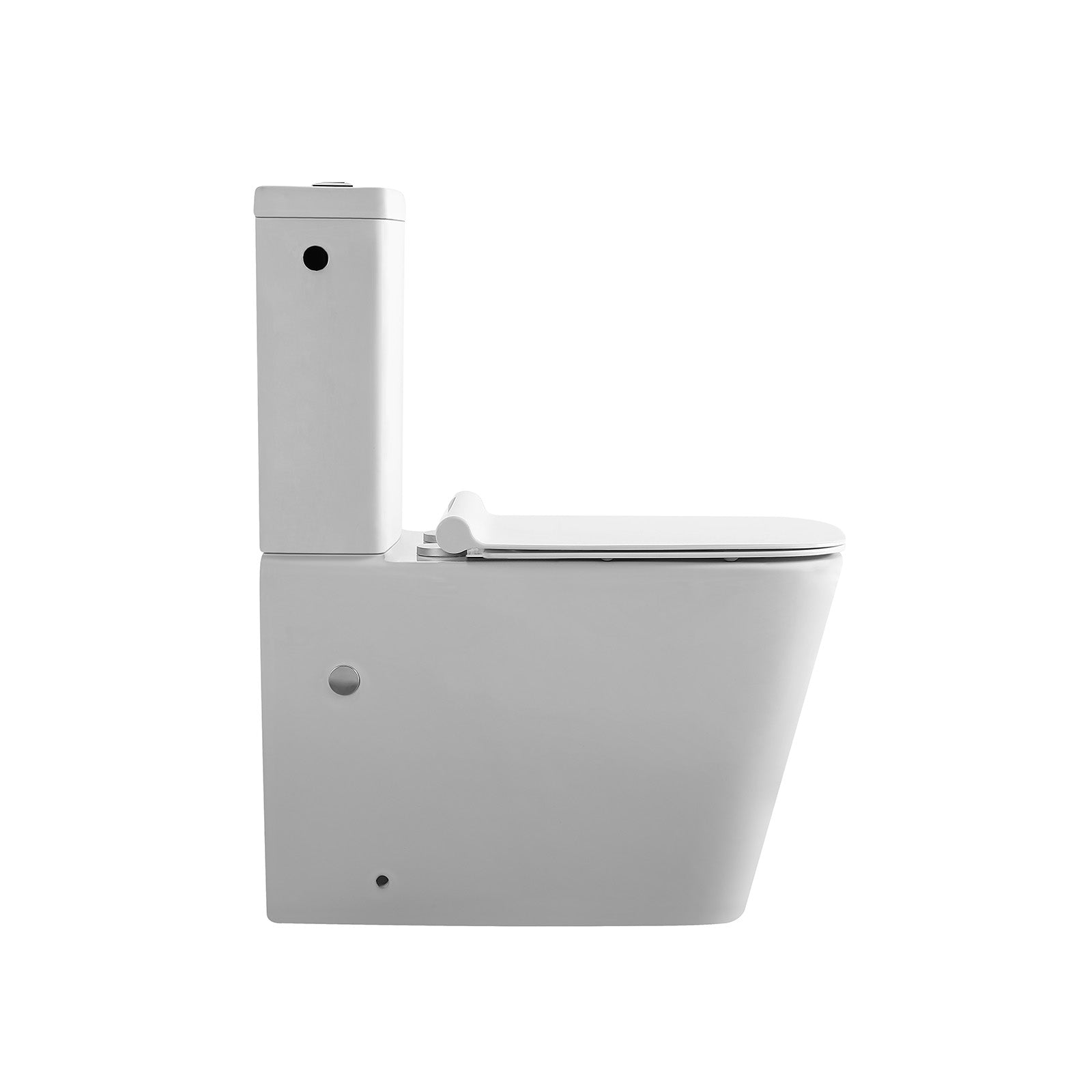 Spülrandlose Stand-WC-Kombination in eckiger Form mit Spülkasten & Soft-Close WC-Sitz in Weiß glänzend