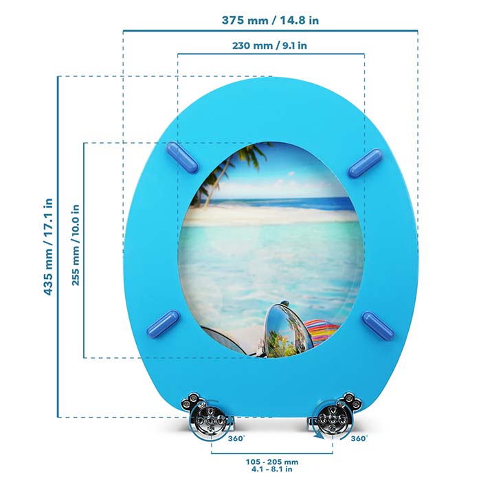 Holz Klodeckel mit Absenkautomatik & Hawaii Motiv mit Maßstab