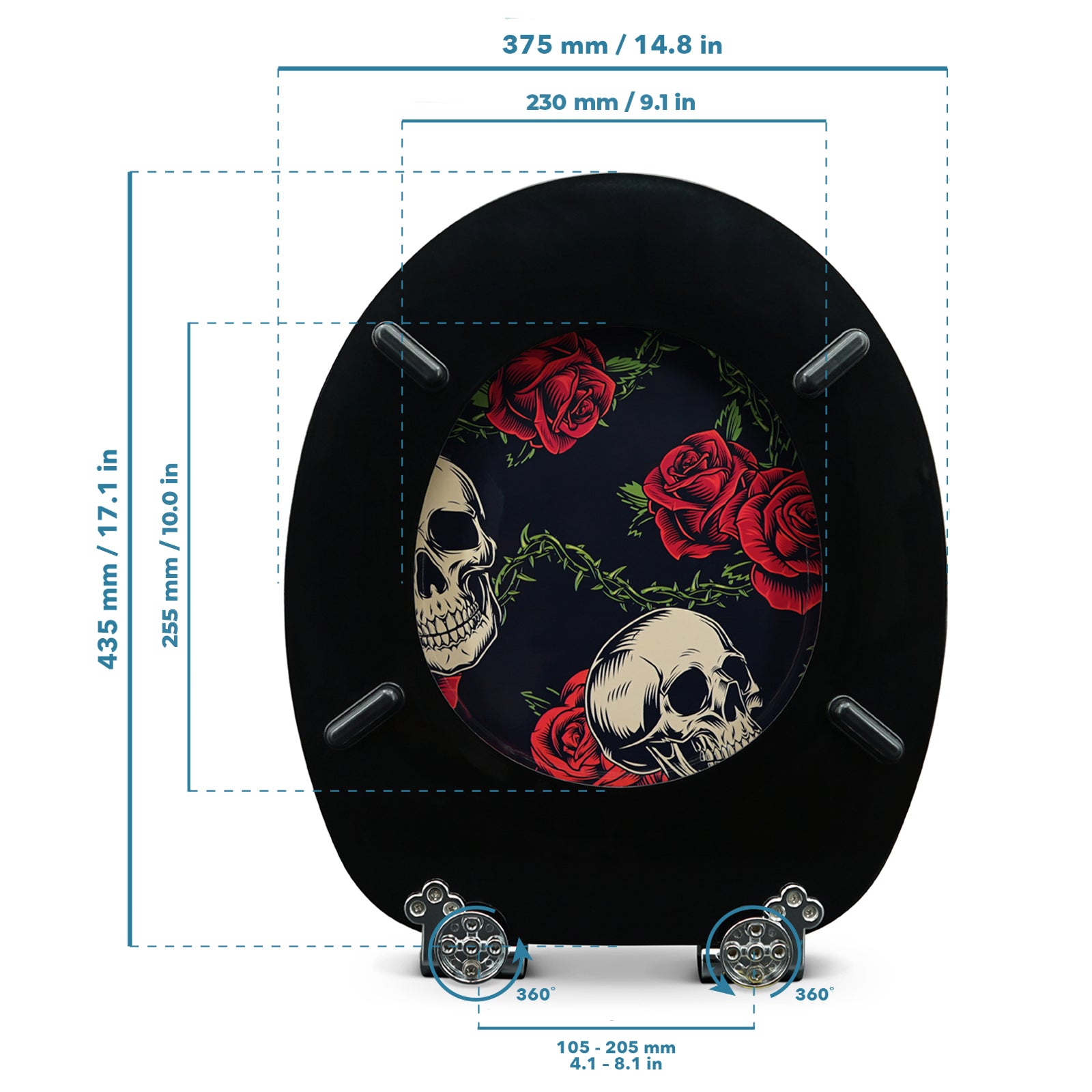 Holz Klodeckel mit Absenkautomatik & Rose Skull Motiv mit Maßstab