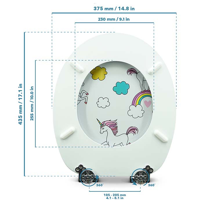 Holz Klodeckel mit Absenkautomatik & Unicorns Motiv mit Maßstab